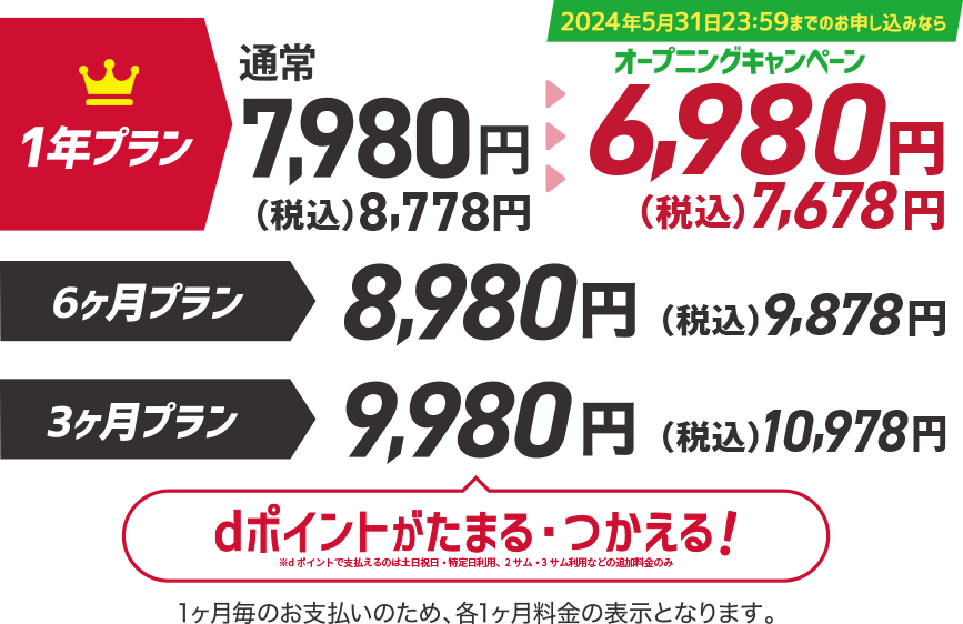 お得1年プラン,6ヶ月プラン,3ヶ月プラン